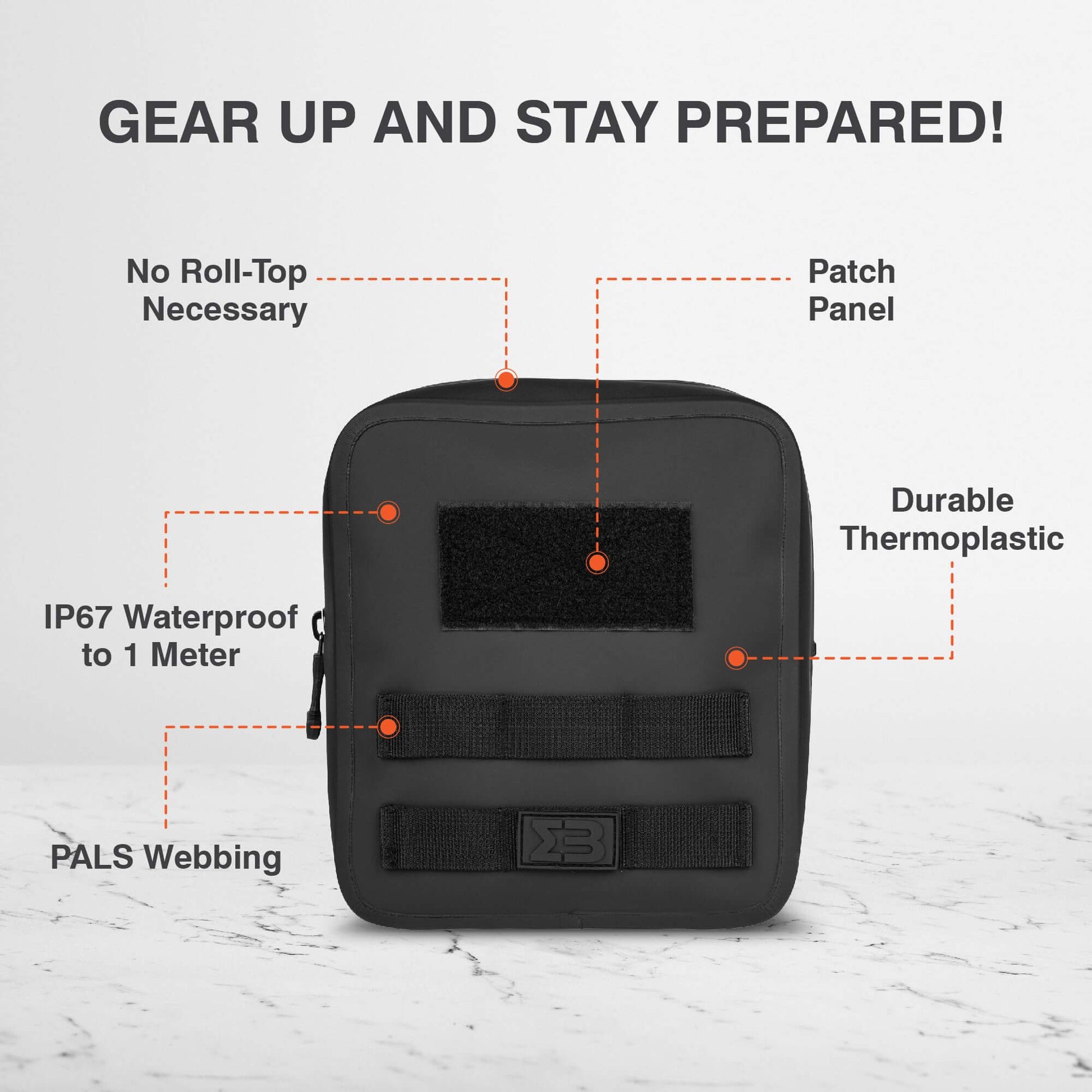 SealBags Large Waterproof Tactical MOLLE Pouch features IP67 rating, durable thermoplastic, PALS webbing, and easy access design.
