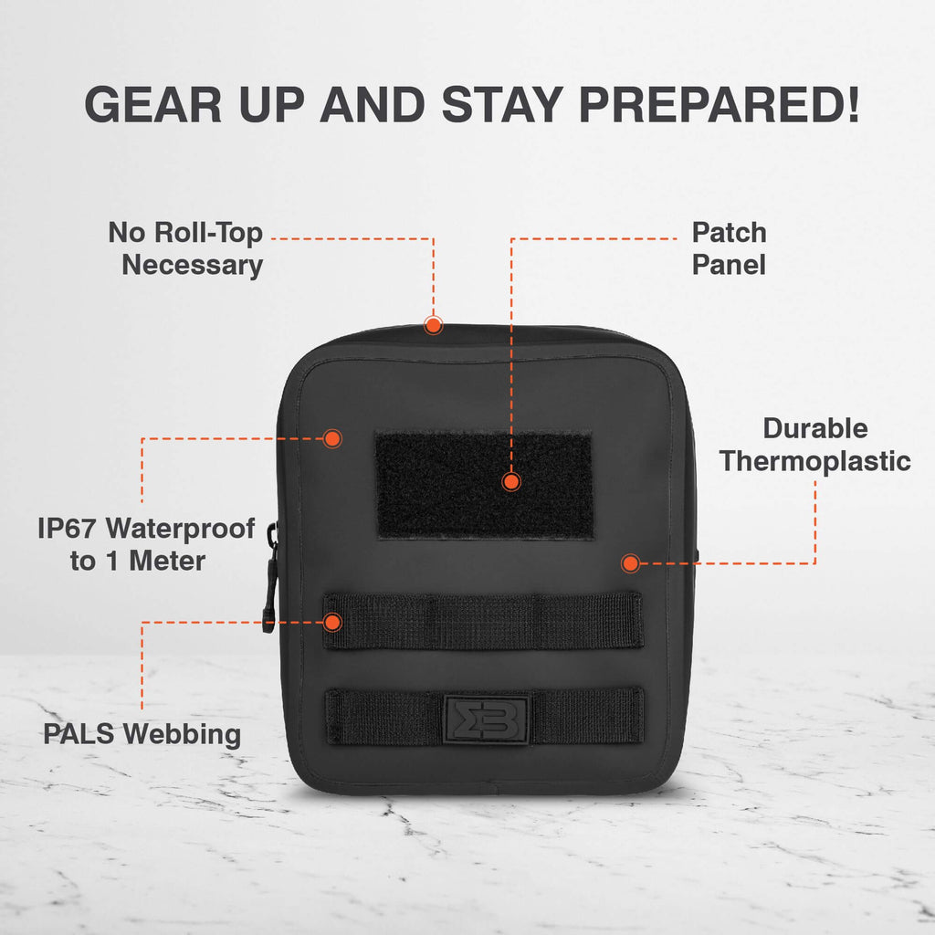 SealBags Large Waterproof Tactical MOLLE Pouch features IP67 rating, durable thermoplastic, PALS webbing, and easy access design.