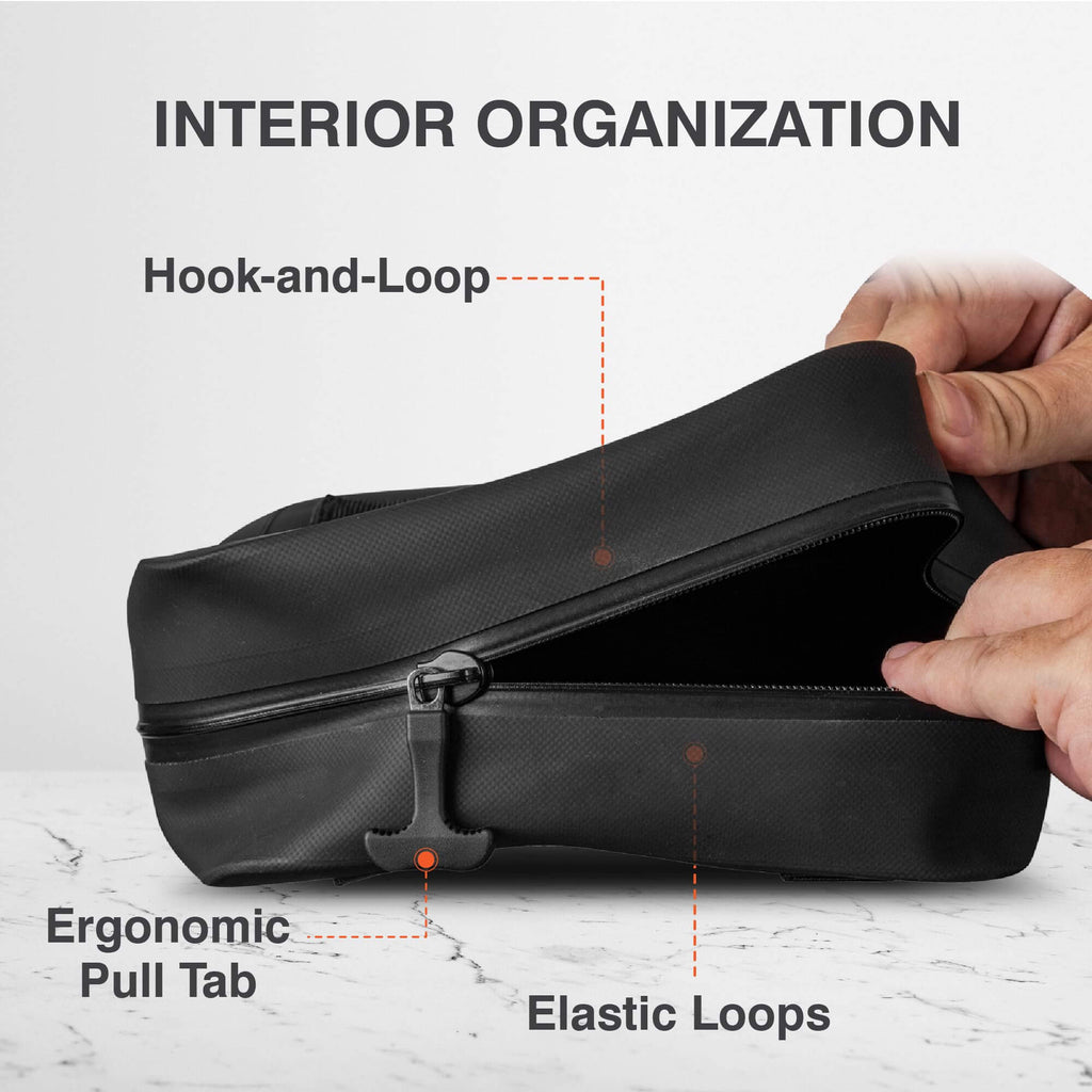 SealBags Large Waterproof Tactical Pouch showcasing interior organization with hook-and-loop, pull tab, and elastic loops.