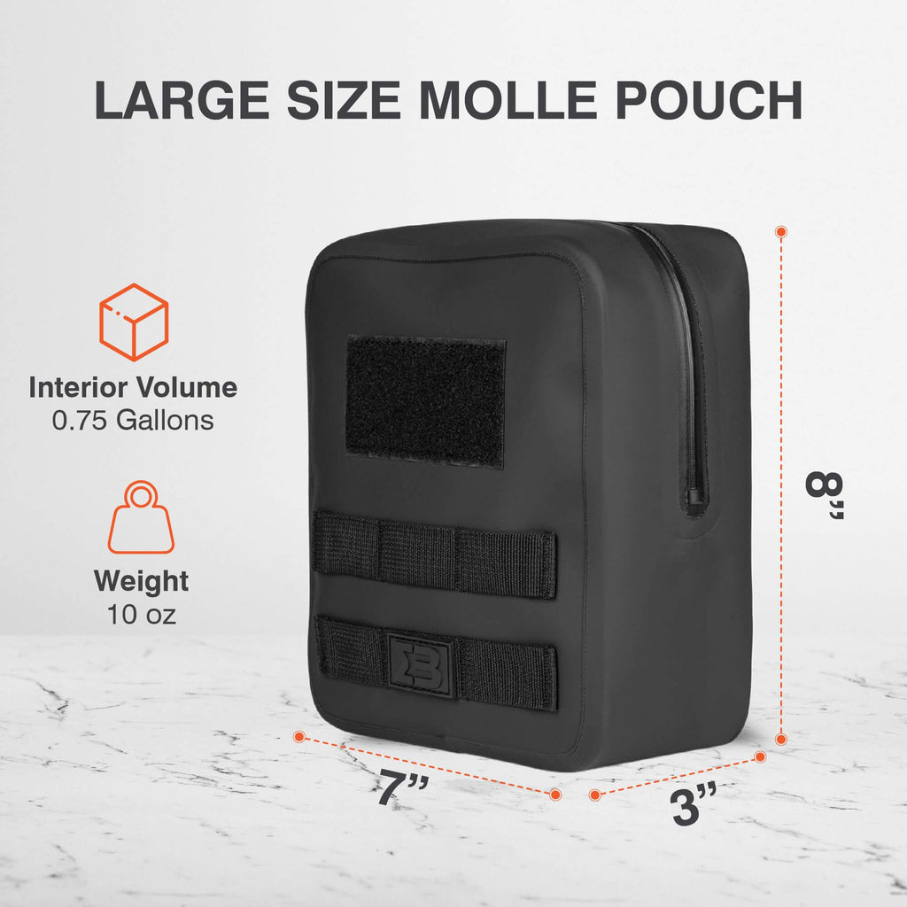 Large waterproof MOLLE pouch, 7x3x8 inches, 0.75 gallon capacity, ideal for tactical and submergible gear storage.