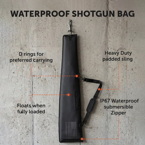 Waterproof shotgun case with shotgun inside, zipper closure, no roll-top
