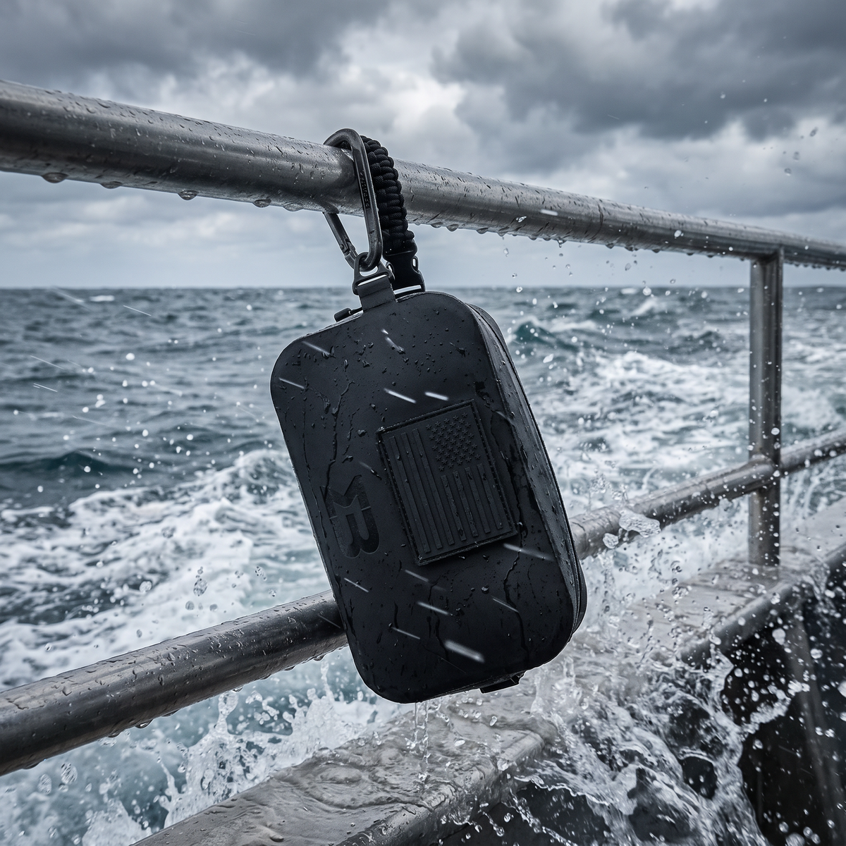 SealBags admin pouch clipped to a boat rail in sea spray
