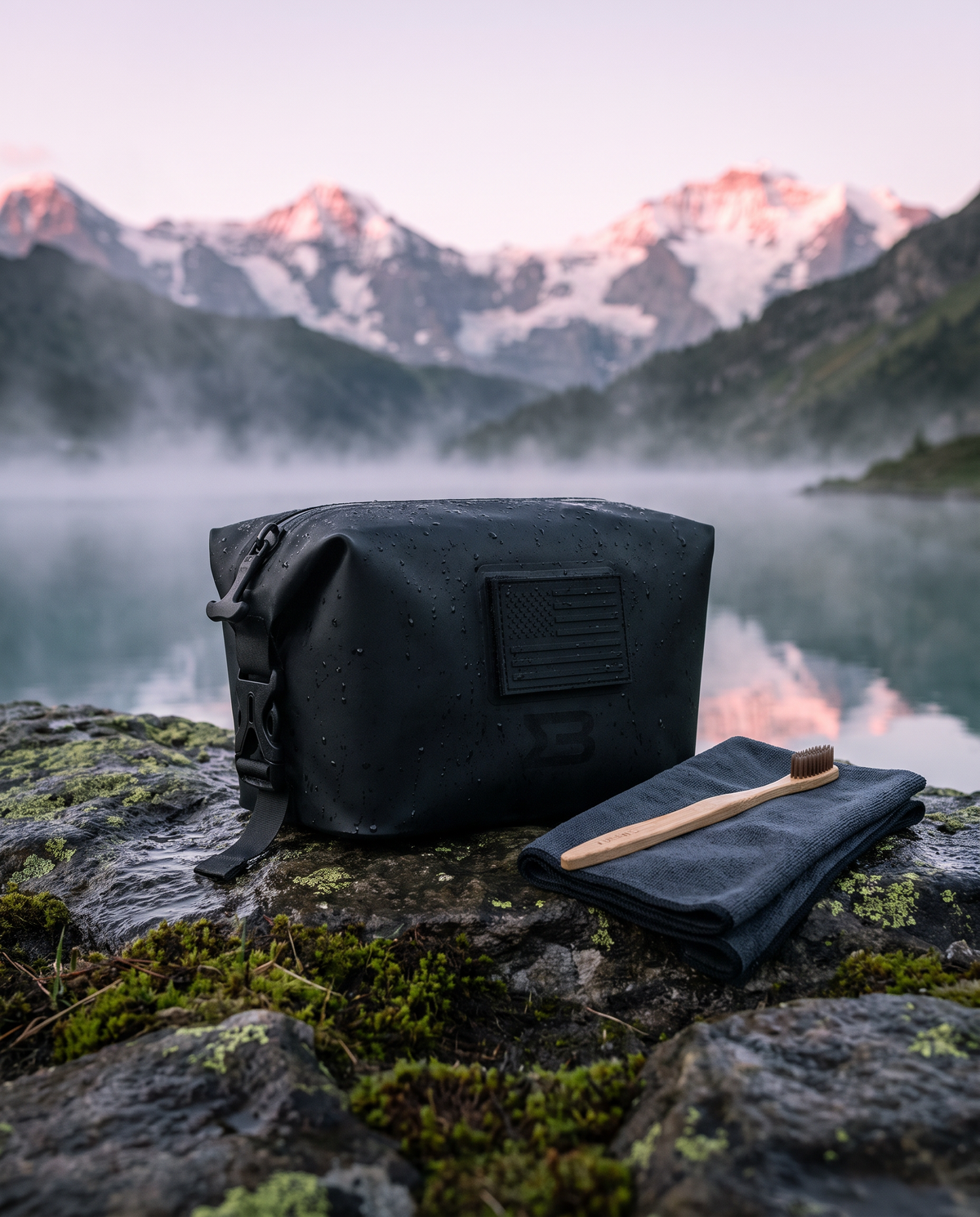 SealBags Field Kit on a rock at a misty alpine lake at dawn