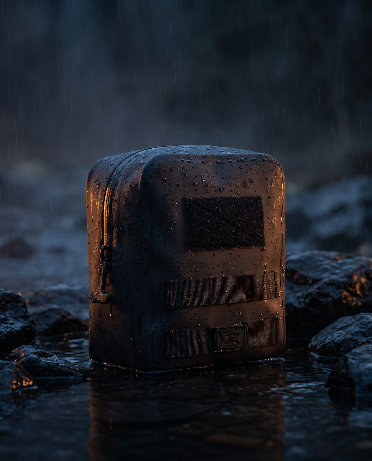 SealBags large MOLLE pouch at the edge of dark water in the rain (portrait)