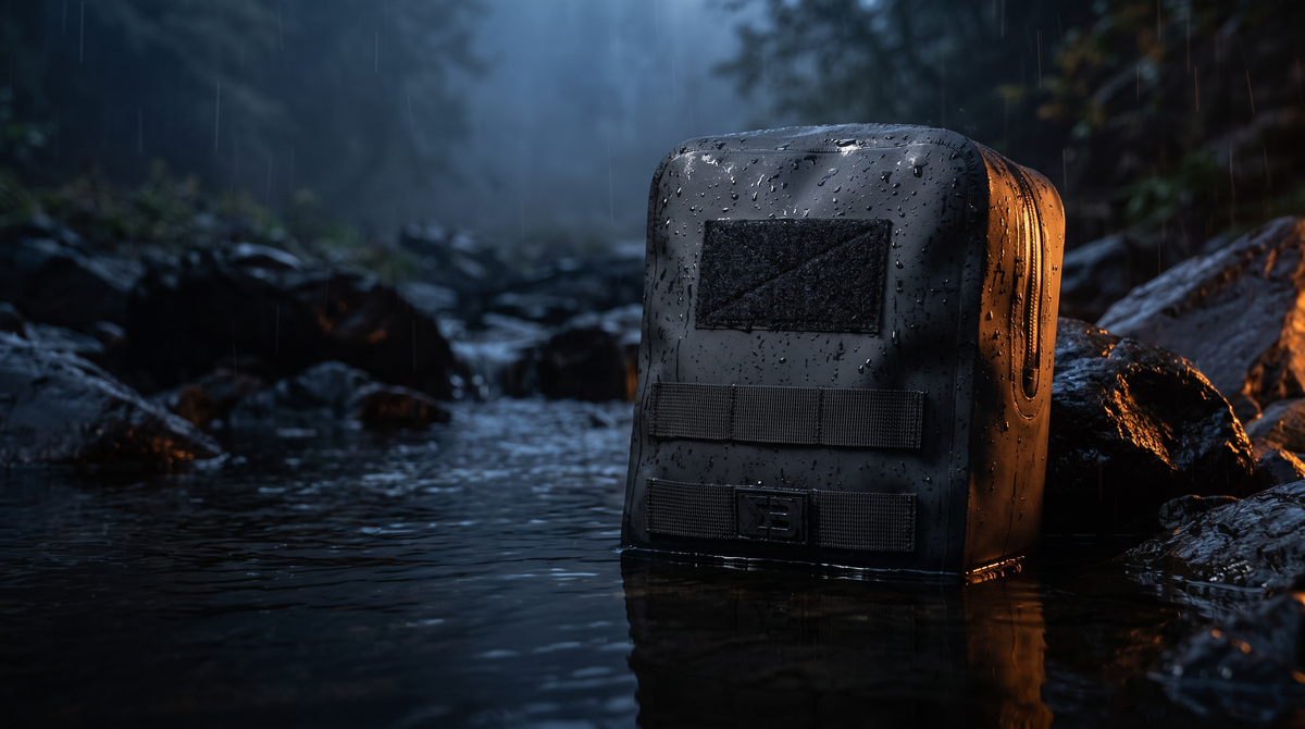 SealBags large MOLLE pouch at the edge of dark water in the rain