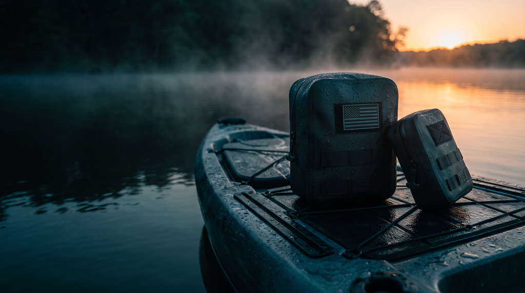SealBags pouches on a kayak deck at dawn