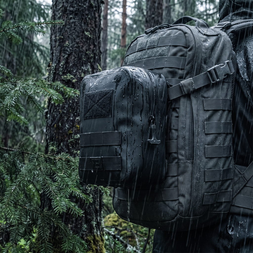 SealBags large MOLLE pouch mounted on a backpack in the rain
