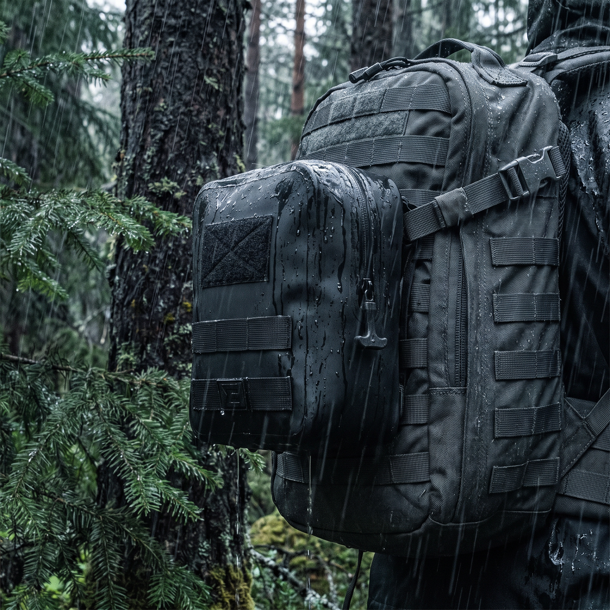 SealBags large MOLLE pouch mounted on a backpack in the rain
