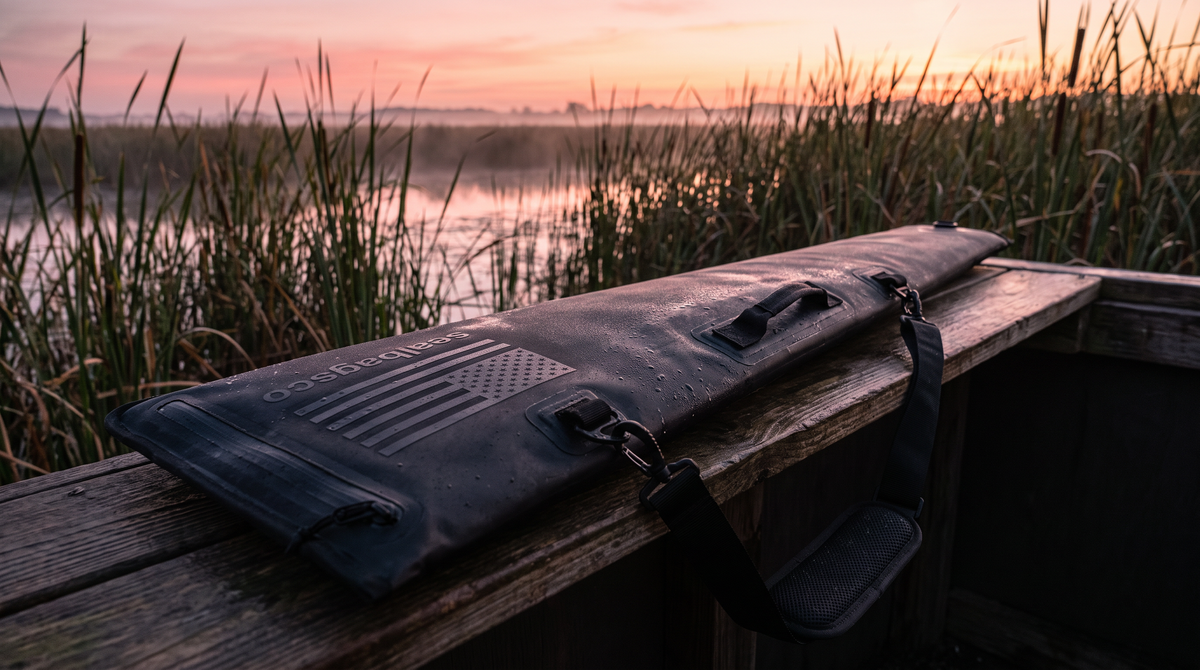 SealBags waterproof shotgun case on a duck blind bench at dawn
