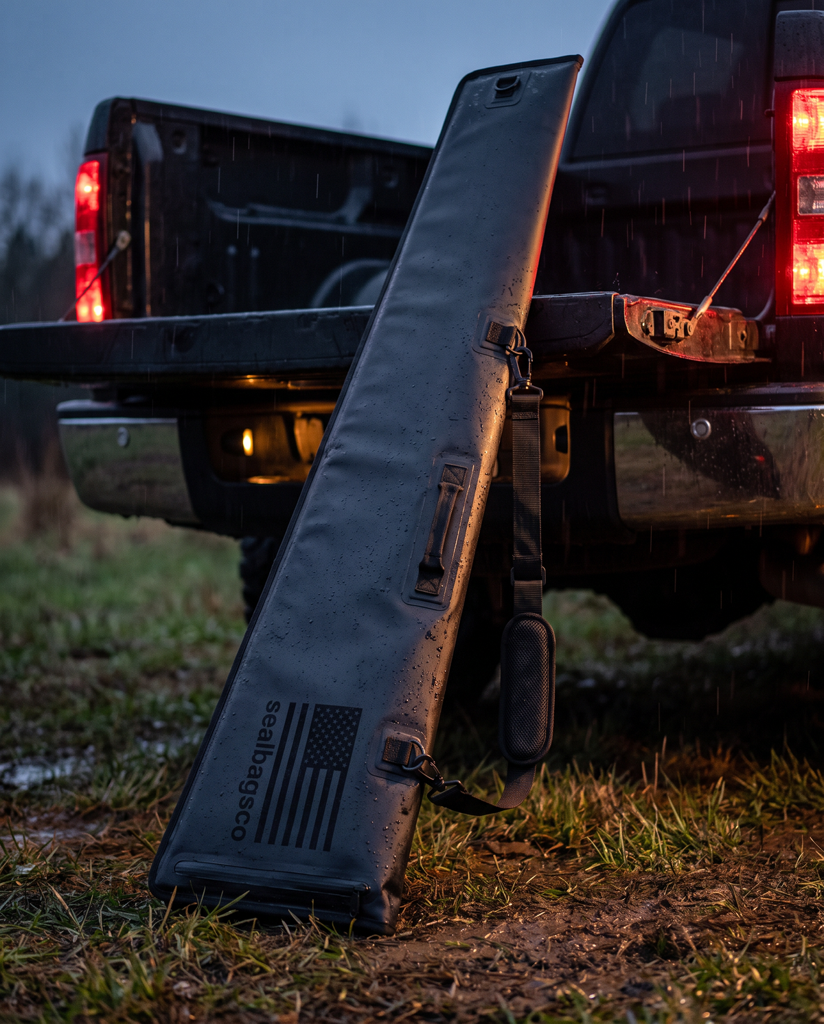 SealBags waterproof shotgun case leaning on a pickup tailgate at dusk