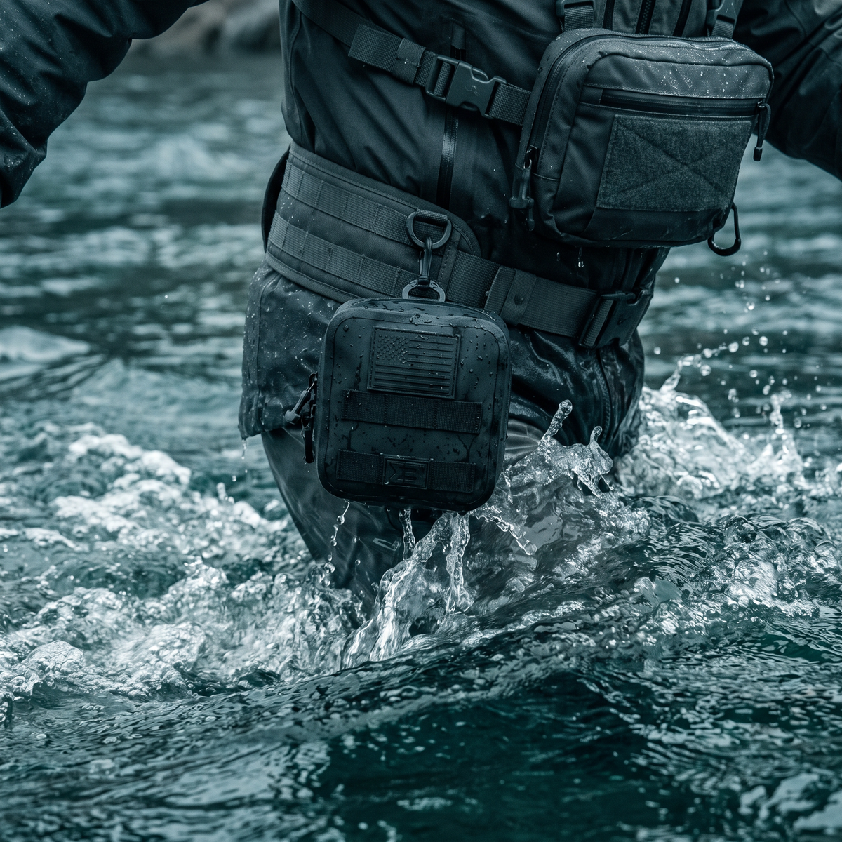 SealBags small MOLLE pouch on a chest rig wading a river
